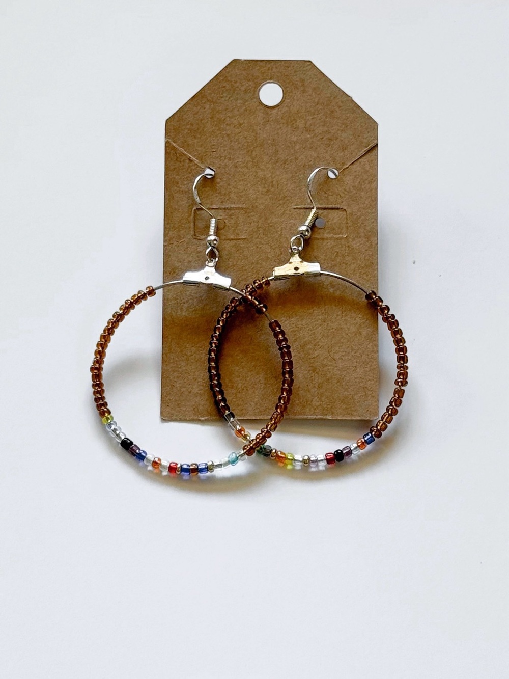 Handmade Brown Beaded Hoop Earrings with Multicolor Accent